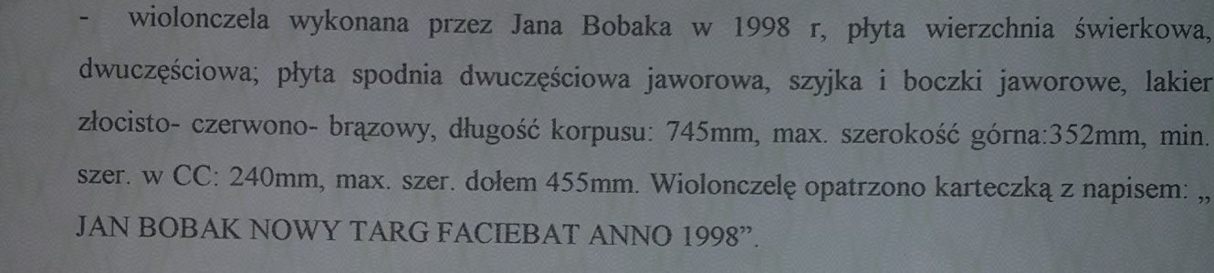 Wiolonczela lutnicza mistrzowska1 1998 rok