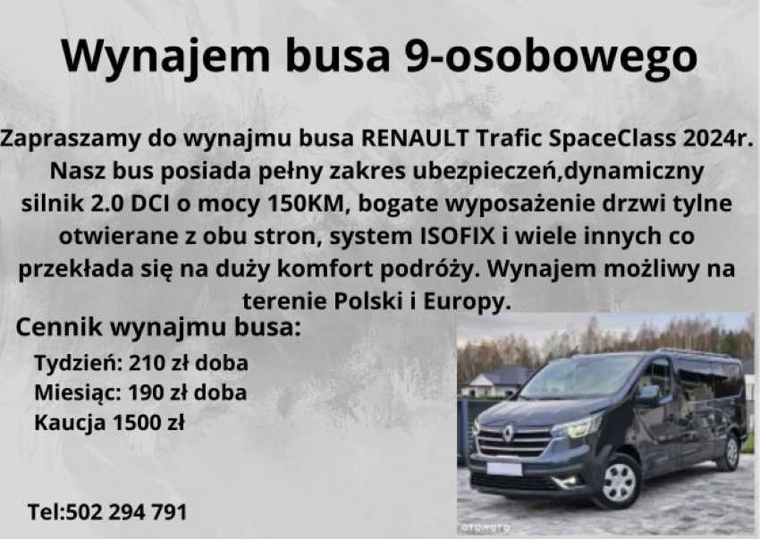 Wynajem Nowego 9 -osobowego busa