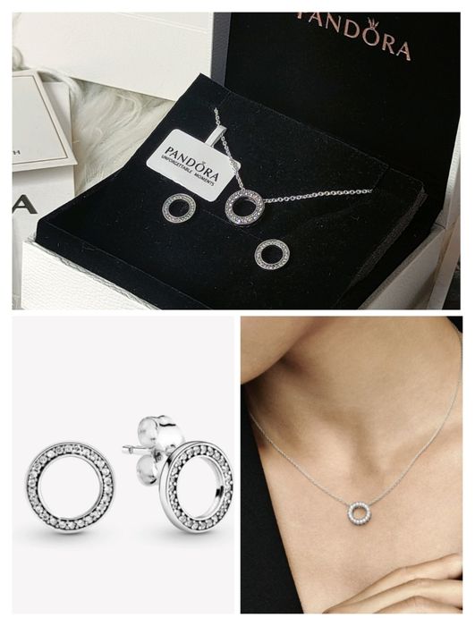 Срібний комплект Pandora з паве/ набір пандора кольє та сережки