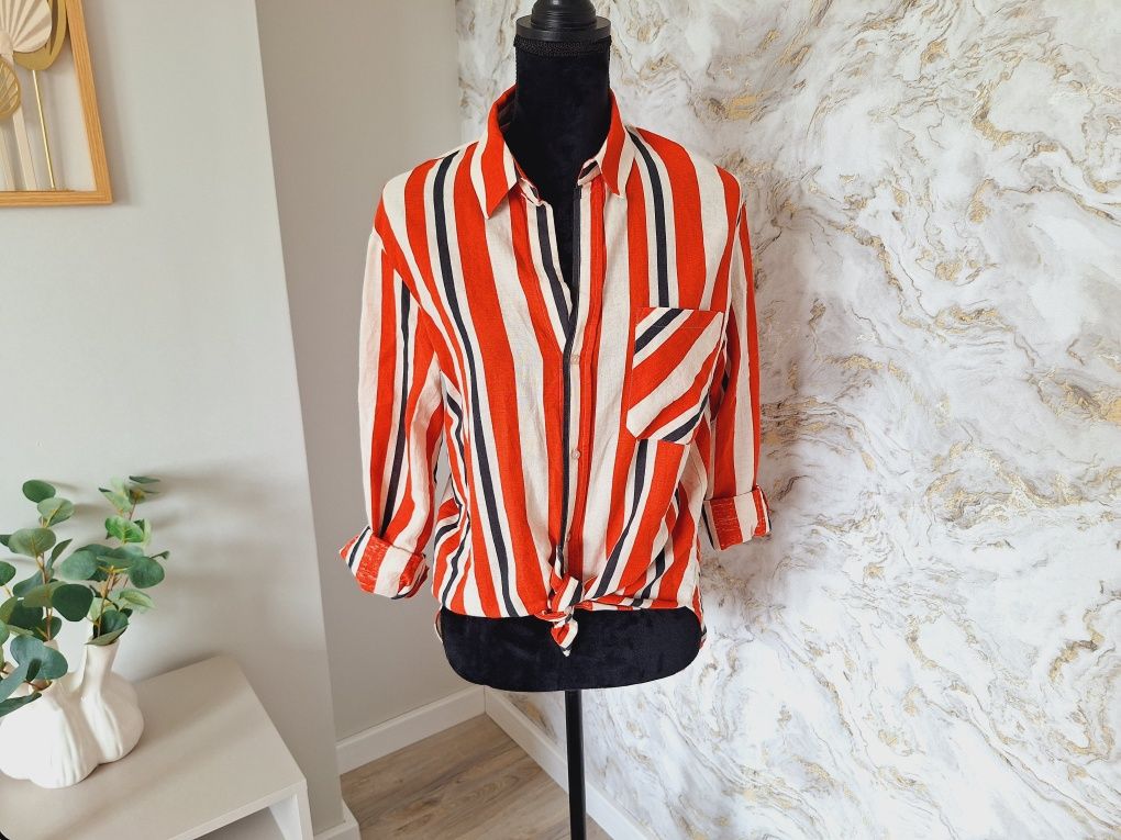 Koszulka w paski lniana Zara cotton linen boho casual wiralowa