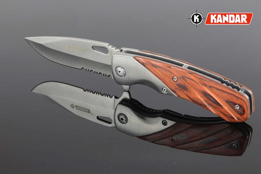 Nóż scyzoryk skladany myśliwski Kandar Drewno ZĘBY Liner-Lock KN24