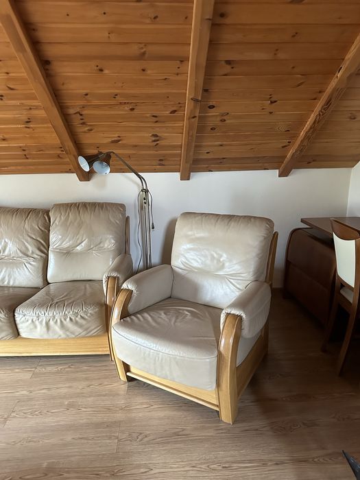 OKAZJA Nowoczesny Komplet SOFA dwa FOTELE KLER wypoczynek skóra drewno