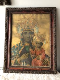 Madonna Czestochowska stary religijny oleodruk antyk złote tło Maryja