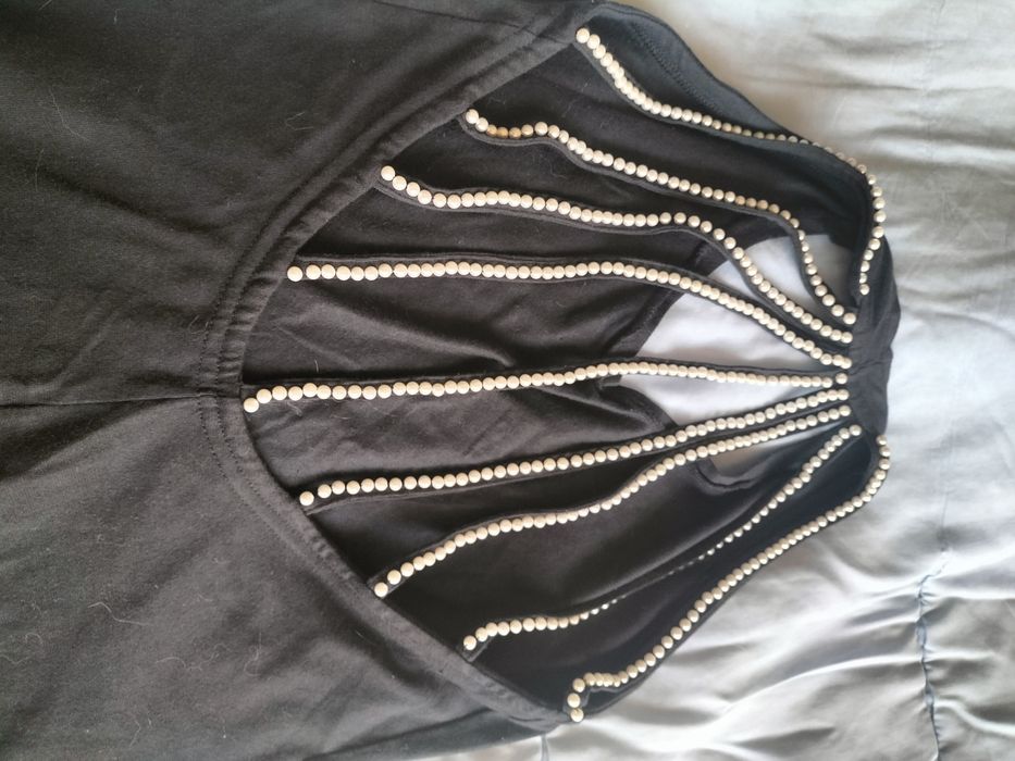 Vestido M/L juto algodão pérolas nas costas