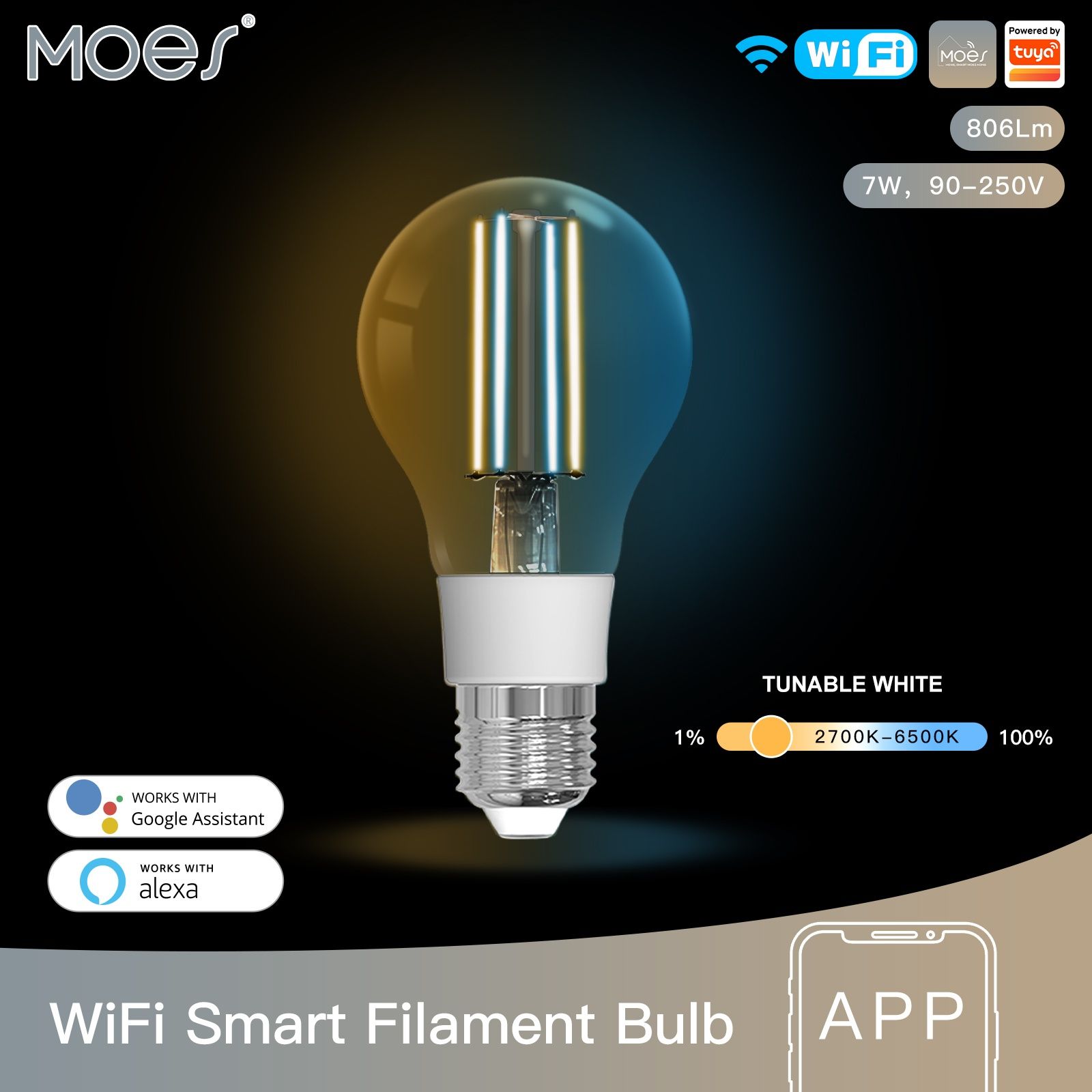 Wifi  розумна лампочка, MOSE Tuya Wifi E27 7w
