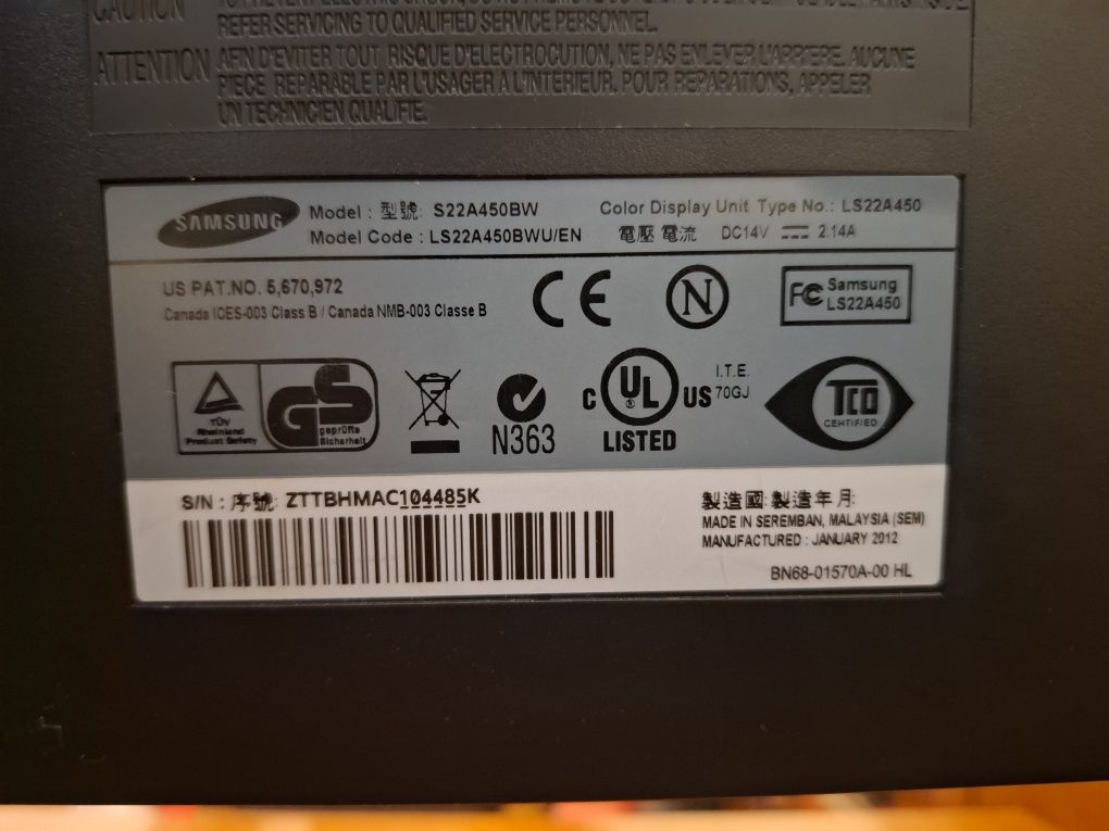 Monitor Samsung SyncMaster SA450 model S22A450BW 22"