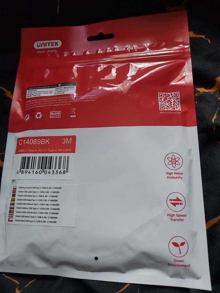 Kabel USB-A 2.0 - USB-C 3m super szybki Komputer kamera telefon itp