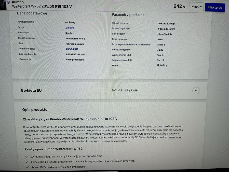 Sprzedam 4 opony zimowe Kumho WinterCraft WP52