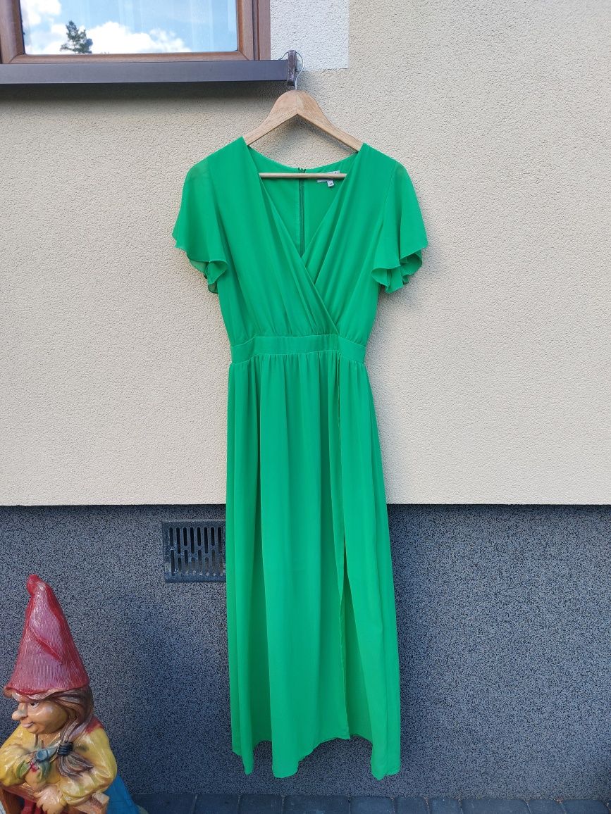 Długa zielona zwiewna sukienka maxi kopertowa dekolt V wesele chrzciny