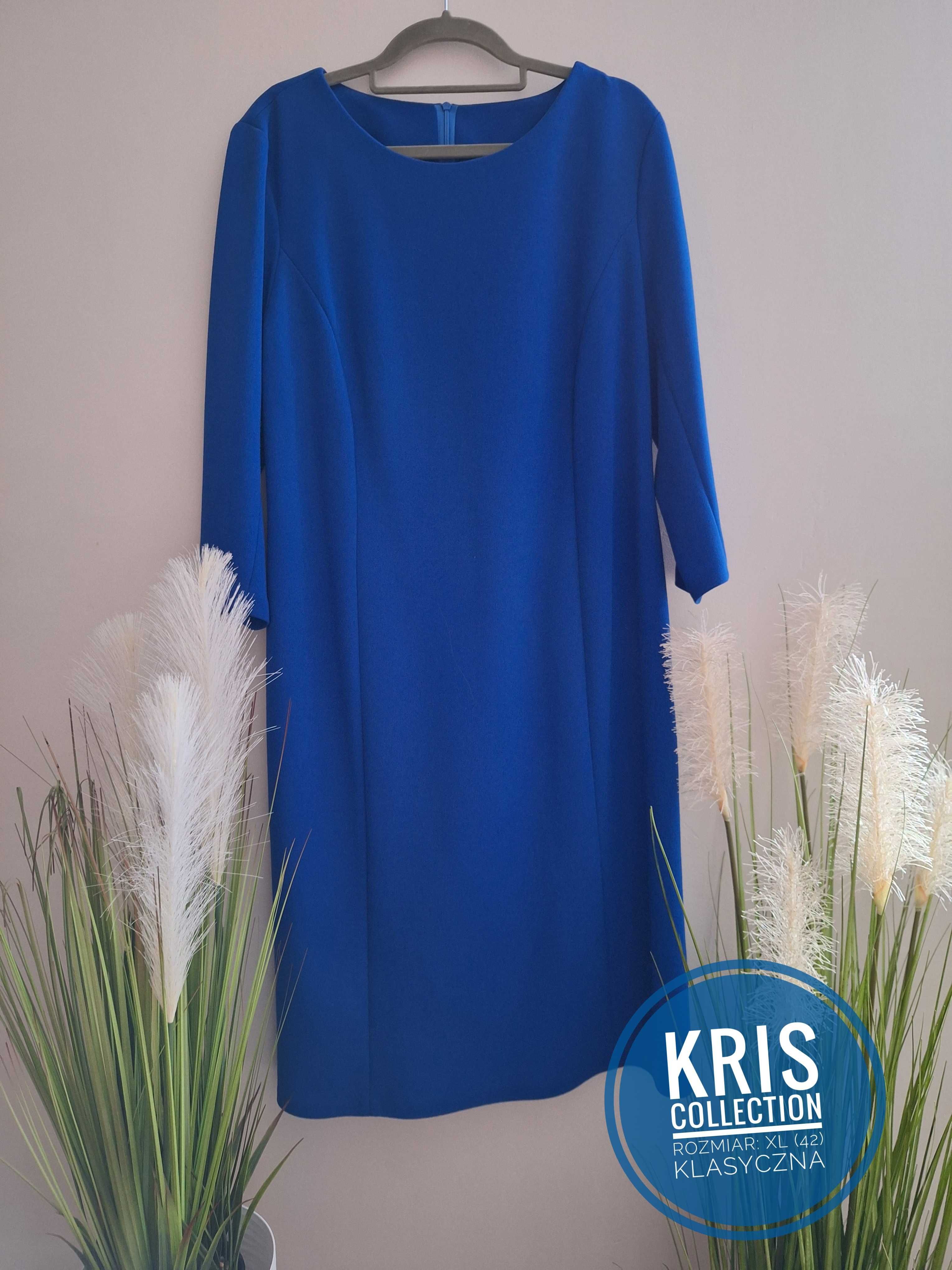 Sukienka chabrowa klasyczna prosta elegancka 3/4 rękaw Kris XL (42)
