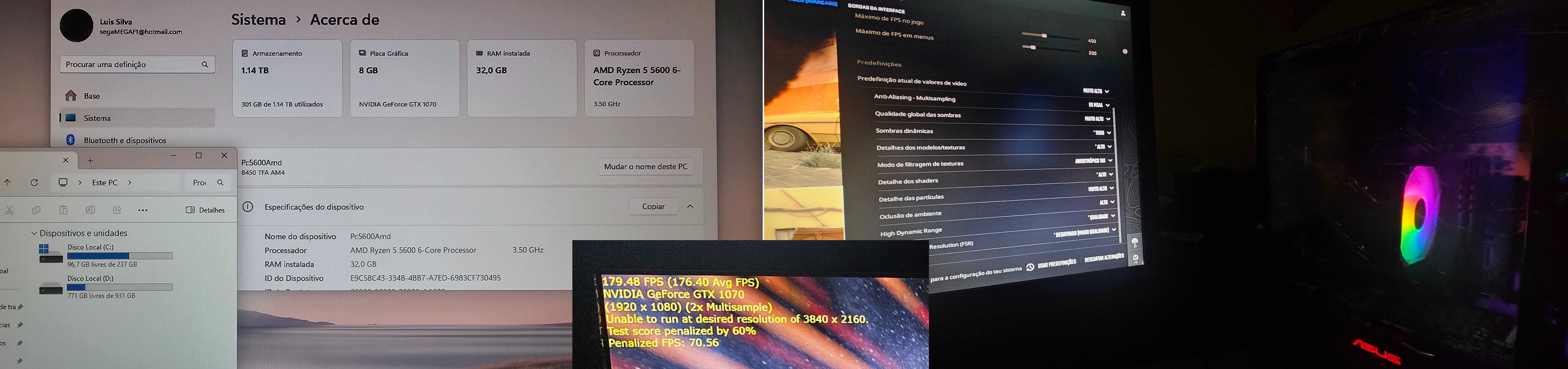 Pc  Amd r5 5600/36mb, Asus Nvidia 1070 8gb e DDr4 32gb
