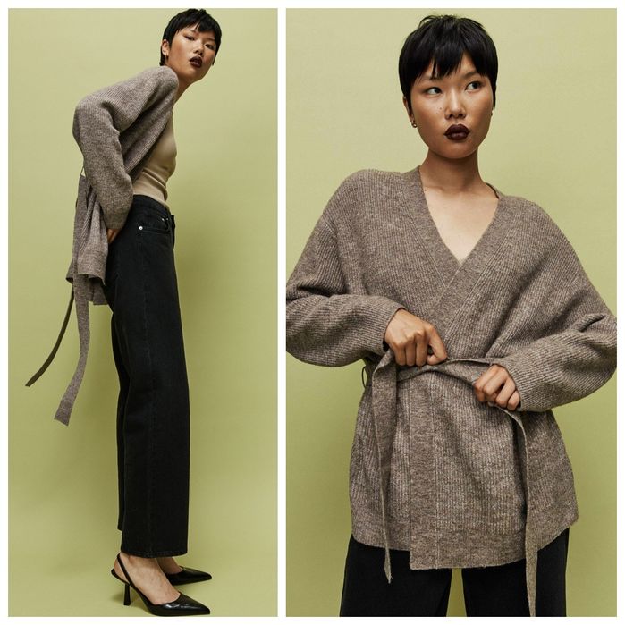 H&M S-L czekoladowy obszerny kardigan z wełną w prążki z paskiem