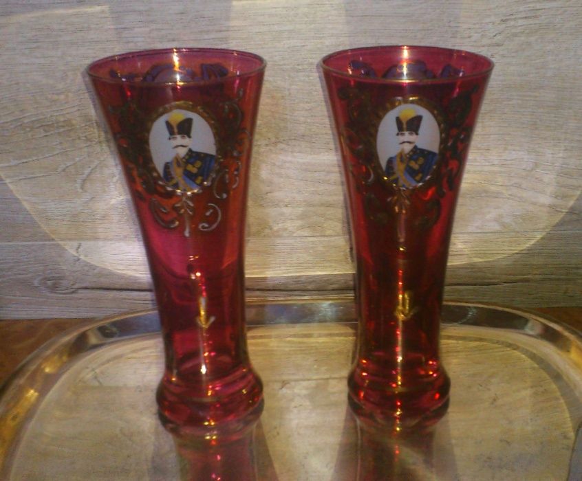 Para szklanic MOSER BOHEMIA Cranberry Gold Medalion Glasses
