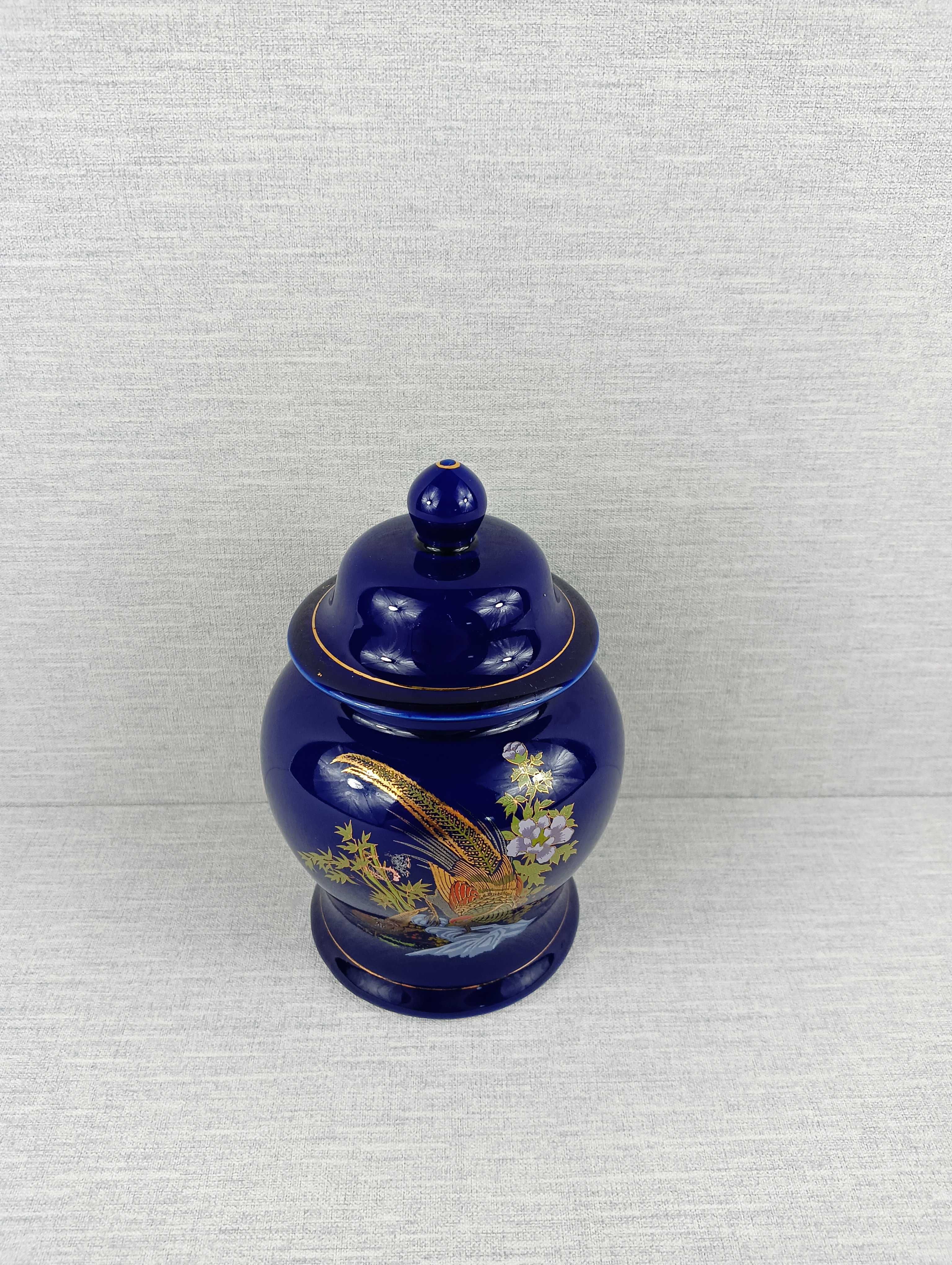 Szkliwiona kobaltowa urna/ wazon Japońska sygnatura Retro szkło Orient