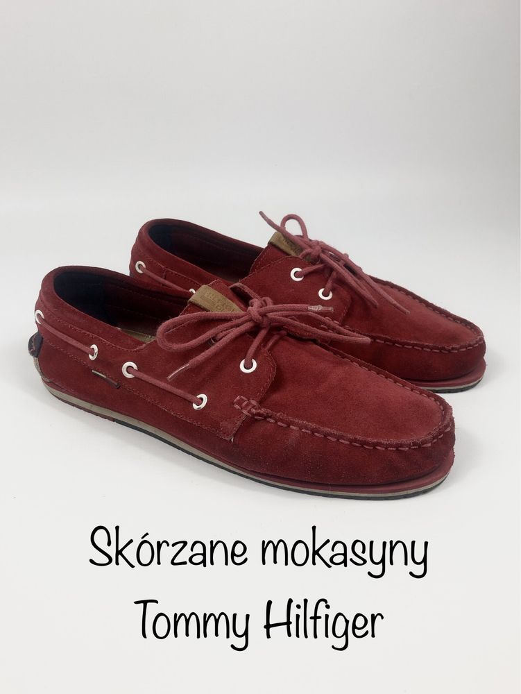 Czerwone męskie buty Tommy Hilfiger sznurowane  eleganckie mokasyny