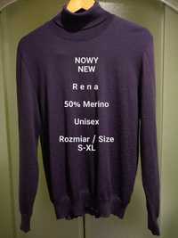 NOWY  Rena sweter z golfem, 50% Merino, Uniseks, Rozmiar S-XL
Sweter