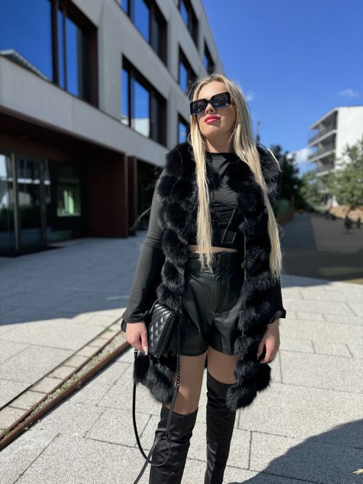 Kamizelka rzędowa z lisa czarnego s/m nowa naturalne futro długa new