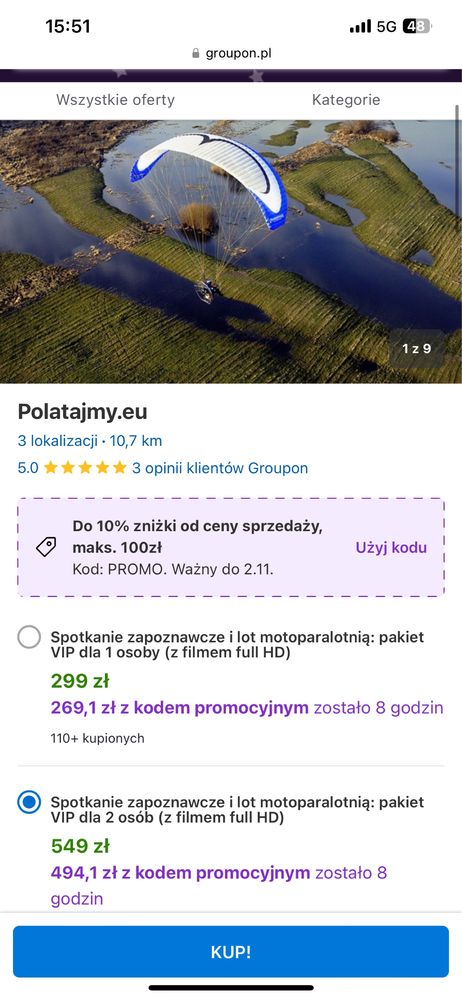 Bon voucher karta podarunkowa Prezent Lot motoparalotniarzy