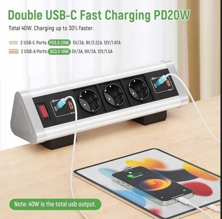 Gniazdo Stołowe 2 USB C PD 40 W 2 USB A z Przełącznikiem do Domu Biura