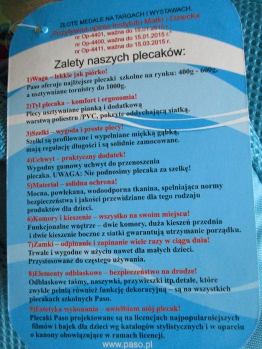 Nowy szkolny plecak A4 PASO z Dzwoneczkiem