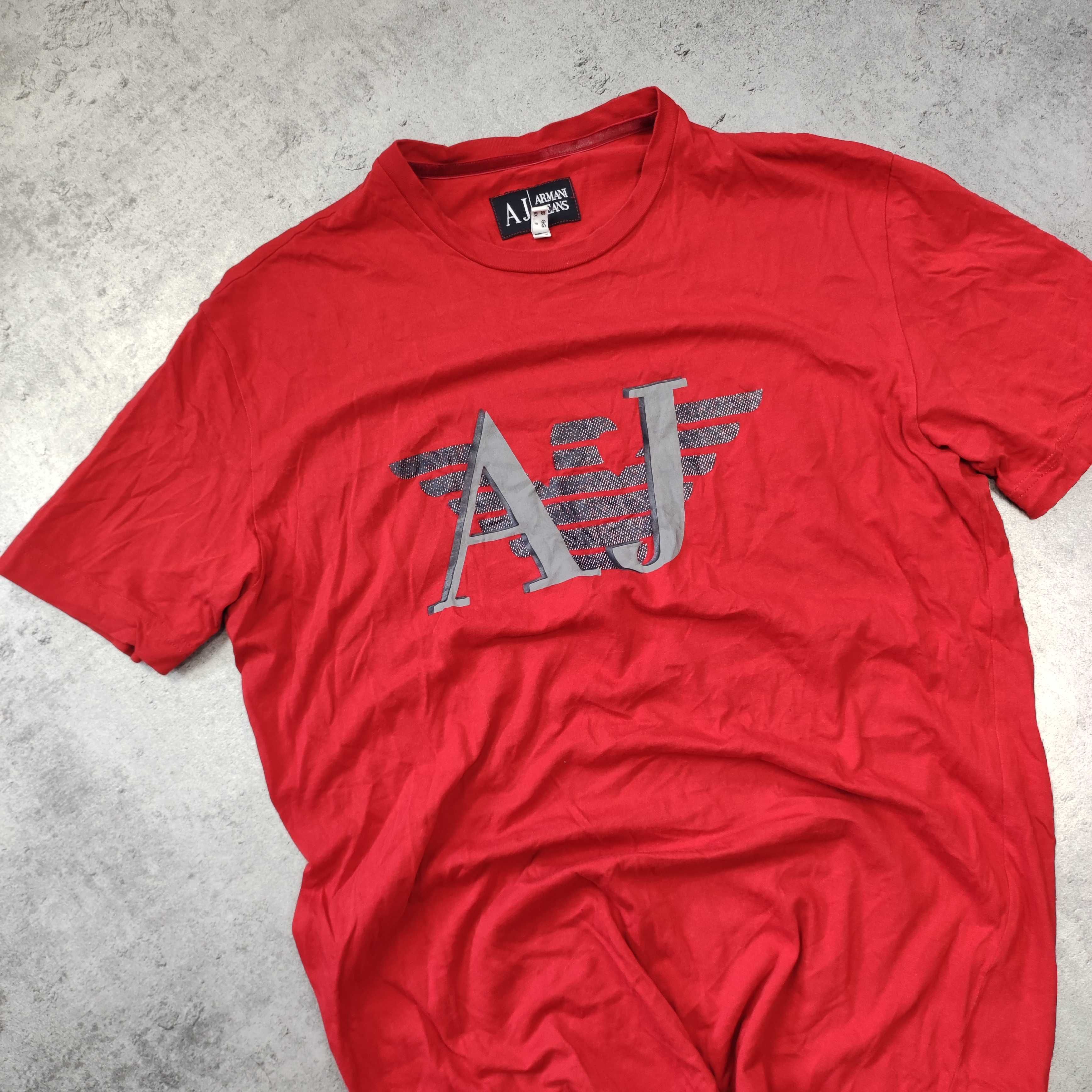 MĘSKA Koszulka Klasyczna Bawełna EA7 Emporio Armani Czerwona Duże Logo