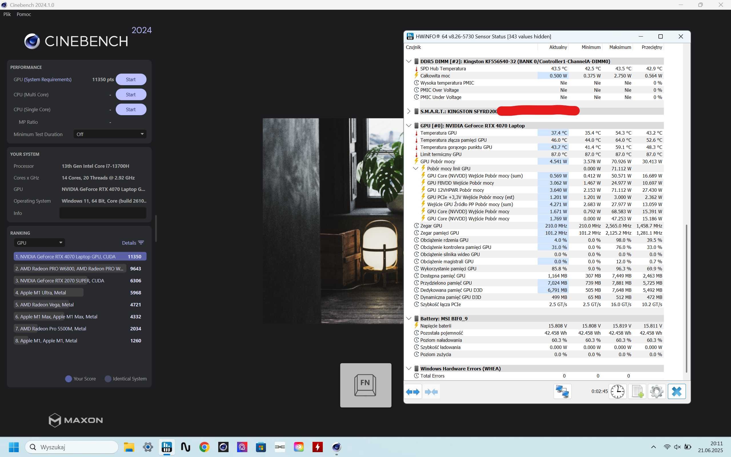 Msi stealth 14, 13700h 160w PL2, rtx4070 90w 14", 64gb ddr5, 2tb ssd