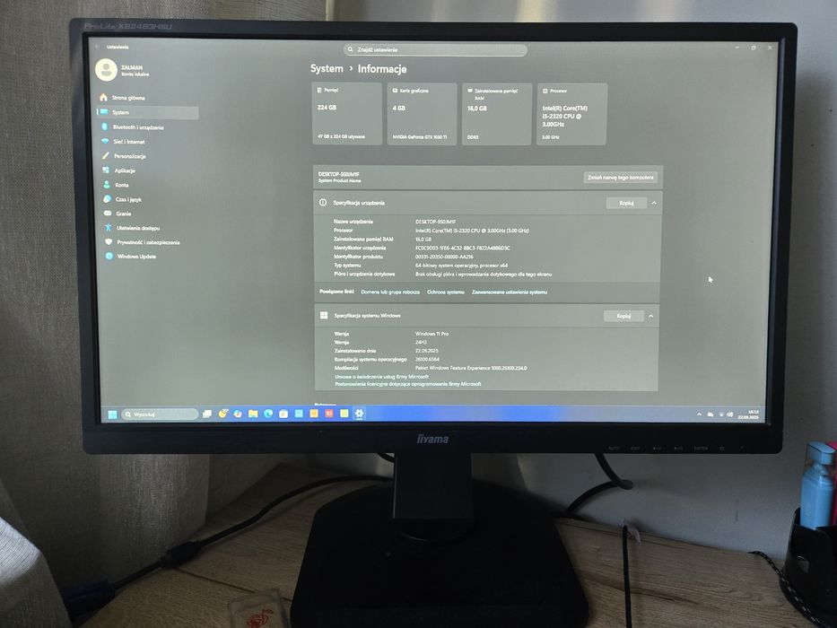 Zestaw komputer i5-2320, 16GB RAM, GTX 1050 Ti, 224GB SSD, Win 11 Pr
