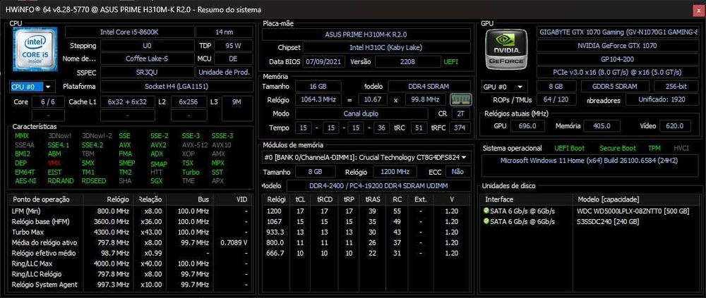 PC Gamer i5 8600k 4.3Ghz| 16Gb DDR4|GTX 1070 8GB | SSD+HDD|Win 11|ARGB