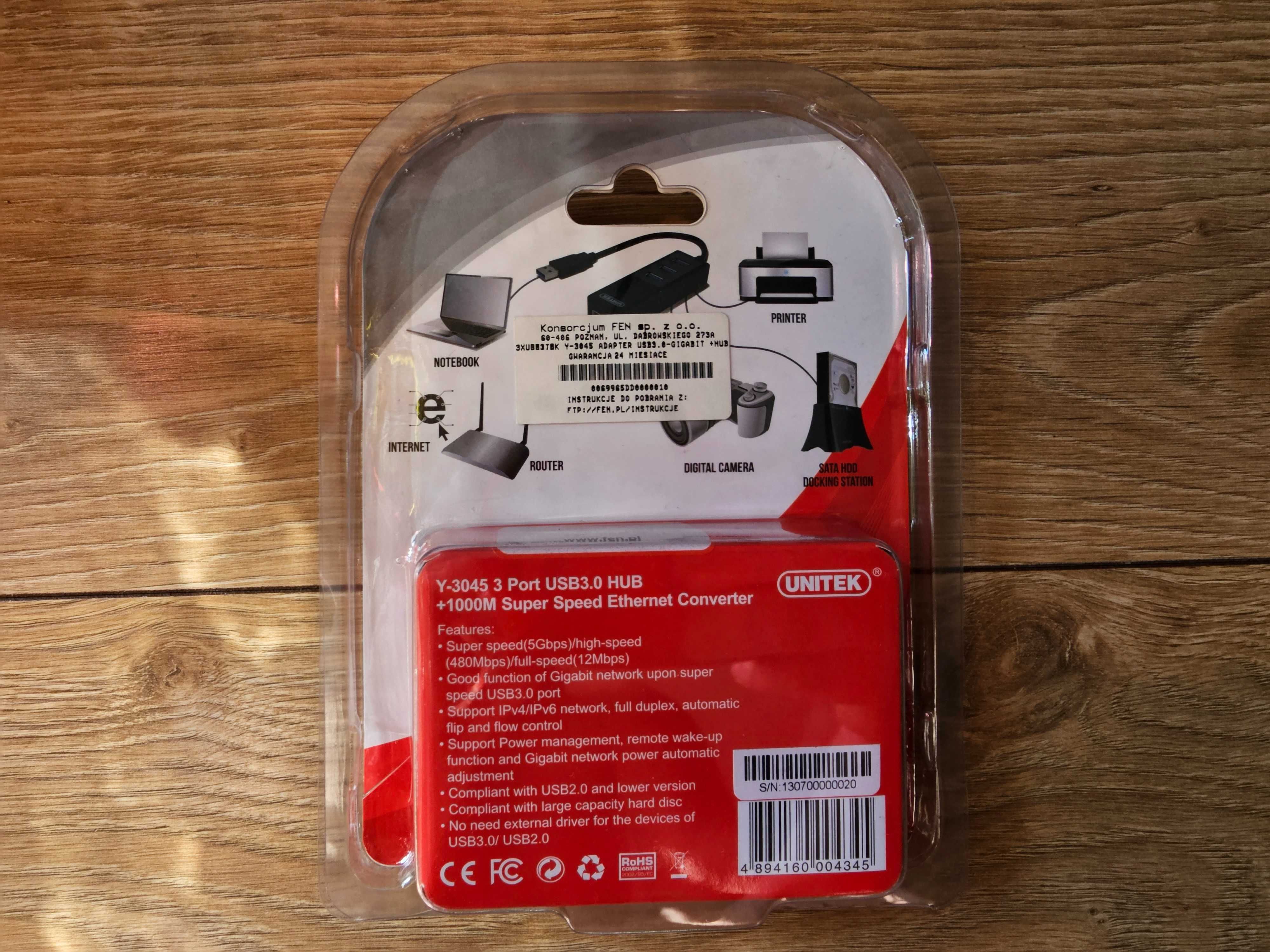 Replikator portów USB-3.0 Unitek, karta Ethernet 1Gbps