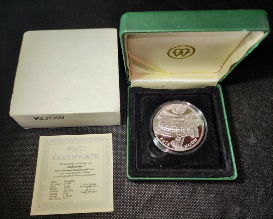 Серебряная монета стадион олимпийский Киев Евро 2012 1 доллар Ниуэ