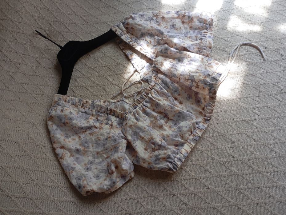 H&M XS-S LINEN BLEND lniany top bluzka z wiązaniem kwiaty kwiatuszki