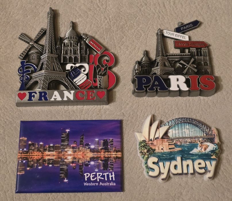 Zestaw 4szt. Magnesy na lodówkę Australia Francja Perth Sydney Paryż.