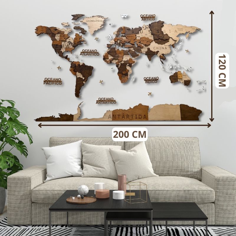 Mapa Mundo em Madeira 3D - Ediçao Premium Colorida