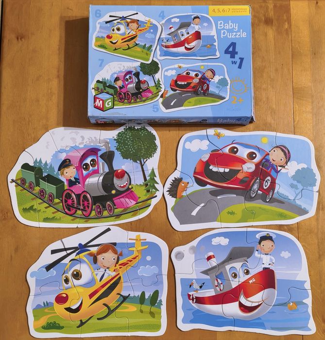Helikopter, statek, auto i pociąg duże puzzle 2+
