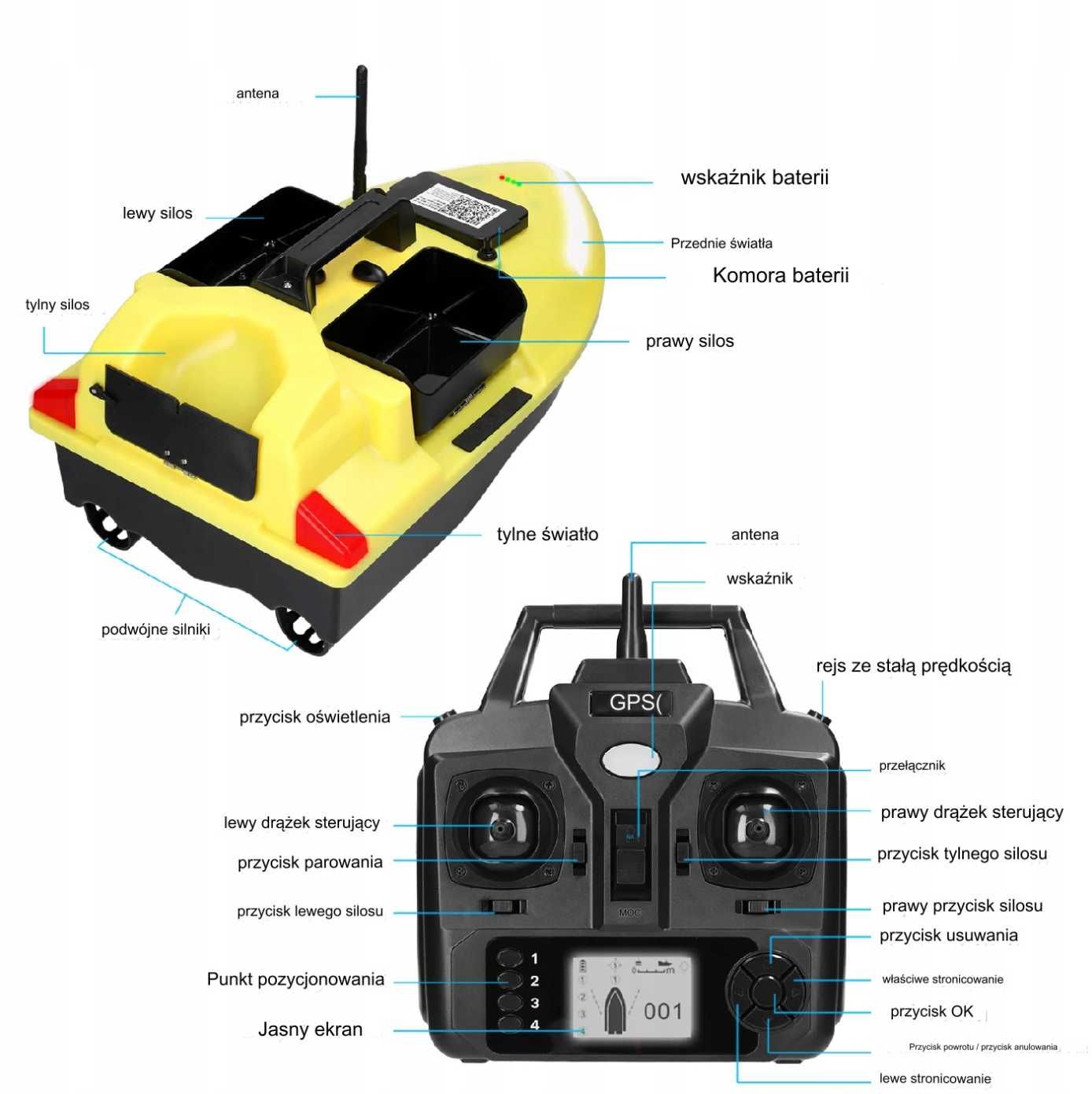 Łódka zanętowa GPS V020 + TORBA, 500m, 2kg, 12000mAh, samopowrót!