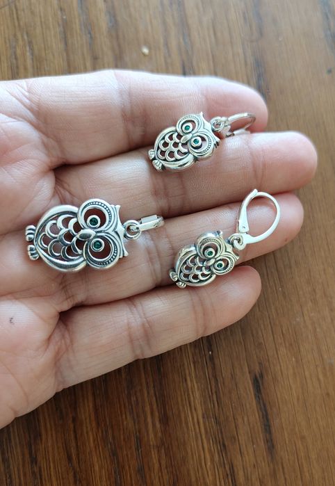 Komplet srebrny sowy