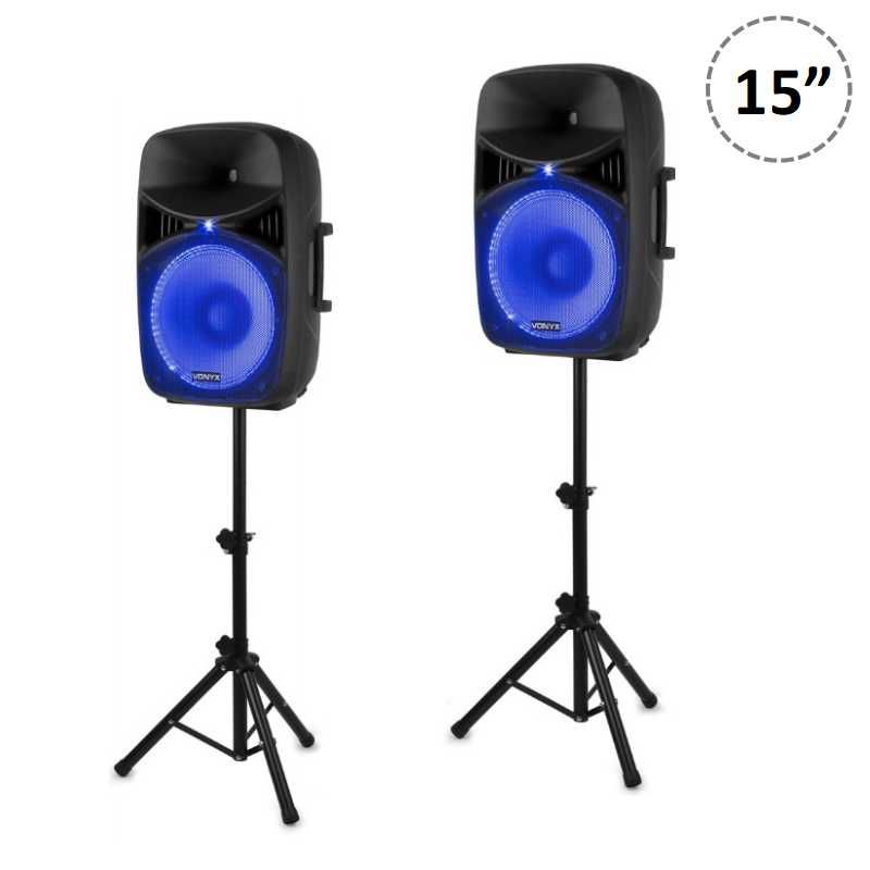 Conjunto Colunas 2×15″ 1000W – SD / USB / BT / Suportes – VONYX