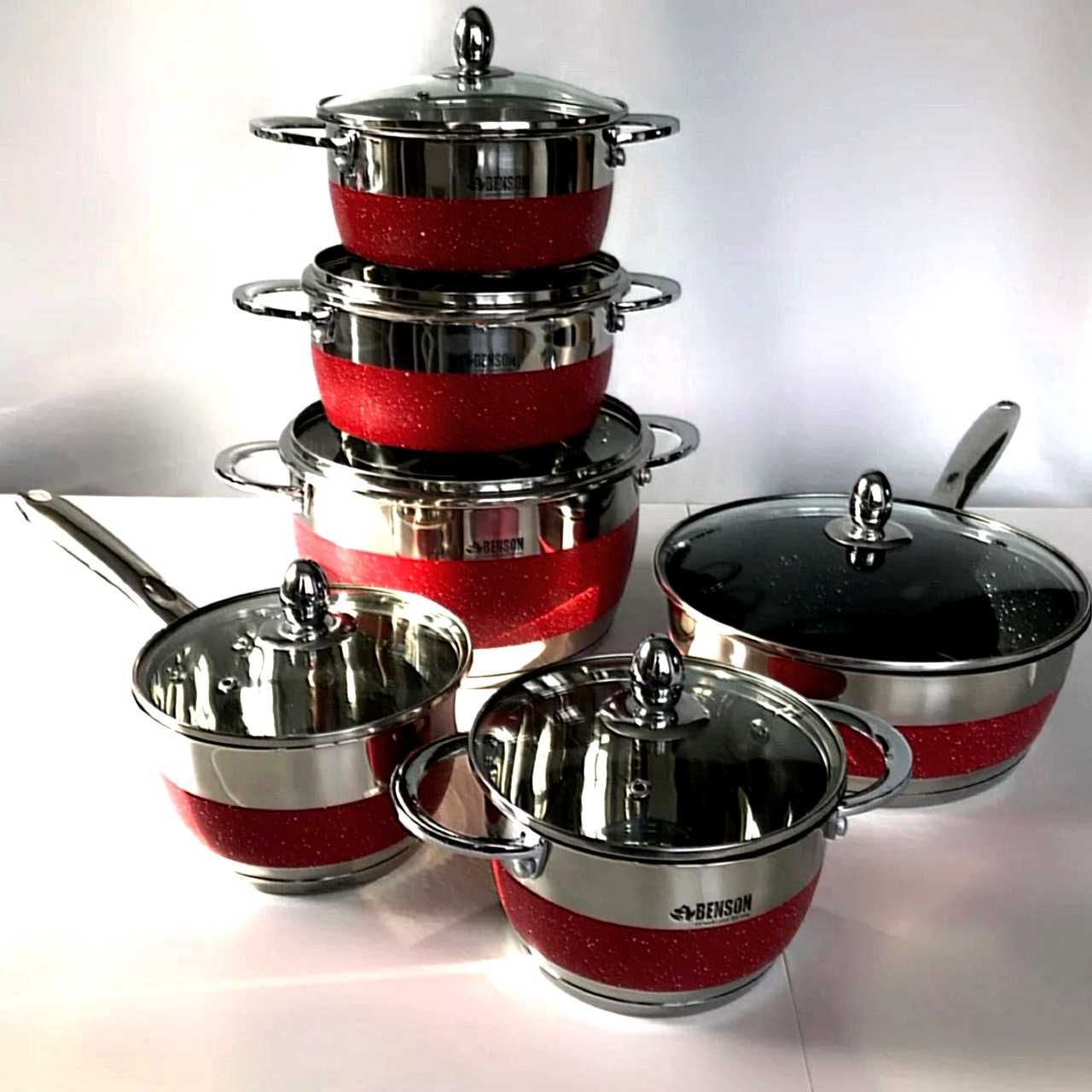 Набор посуды 12 в 1 красный цвет. Кастрюли