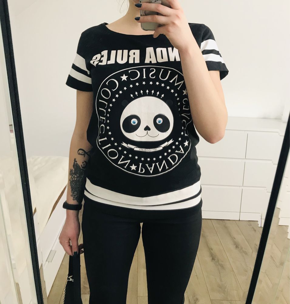 Czarno-biały T-shirt Panda Rules House 34 (XS) bawełna 100%