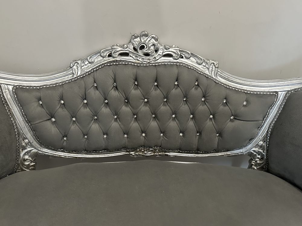 Sofa kanapa w stylu ludwikowskim szara srebrna po renowacji Wroclaw