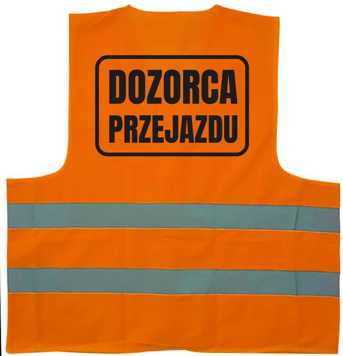 pomarańczowa kamizelka odblaskowa z nadrukiem dozorca przejazdu