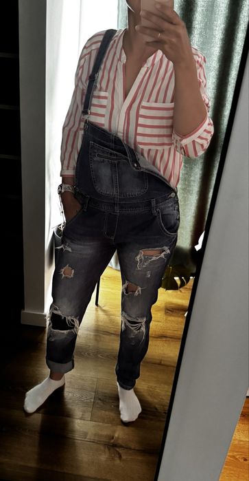 Ogrodniczki jeansowe M długie z dziurami ala ciążowe