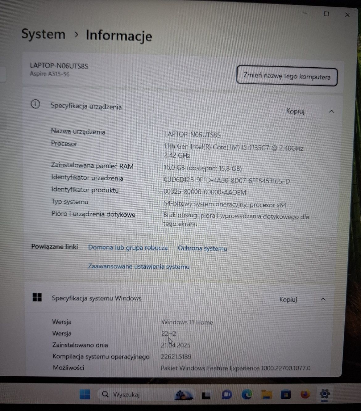 Laptop Acer Aspire 15,6 cala procesor Intel Core i5 2,42GHz 8 rdzeni