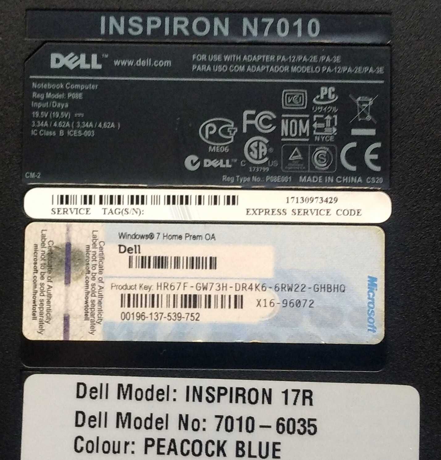 komputer laptop DELL INSPIRON N7010 17R uszkodzony
