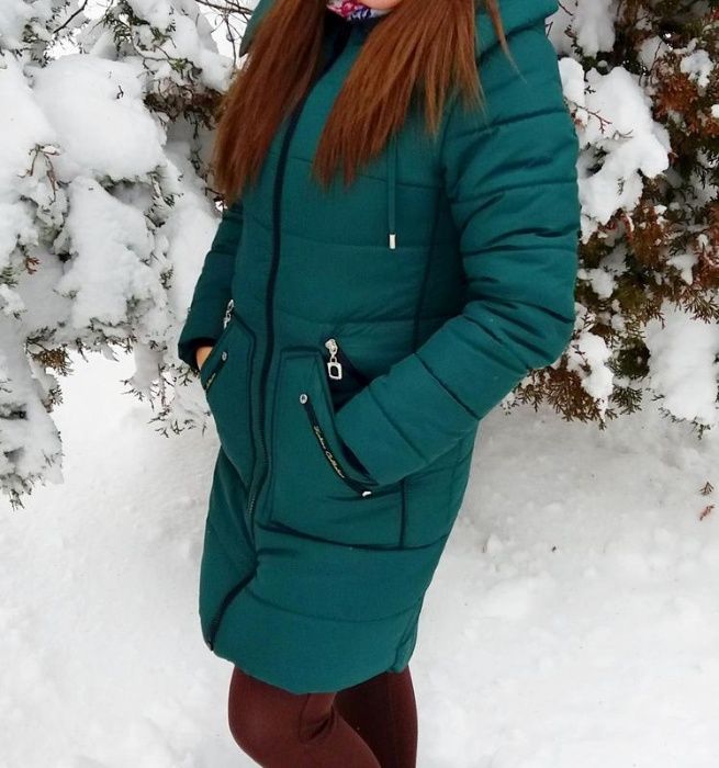 Зимний женский тёплый  пуховик пальто  зелёный с капюшоном