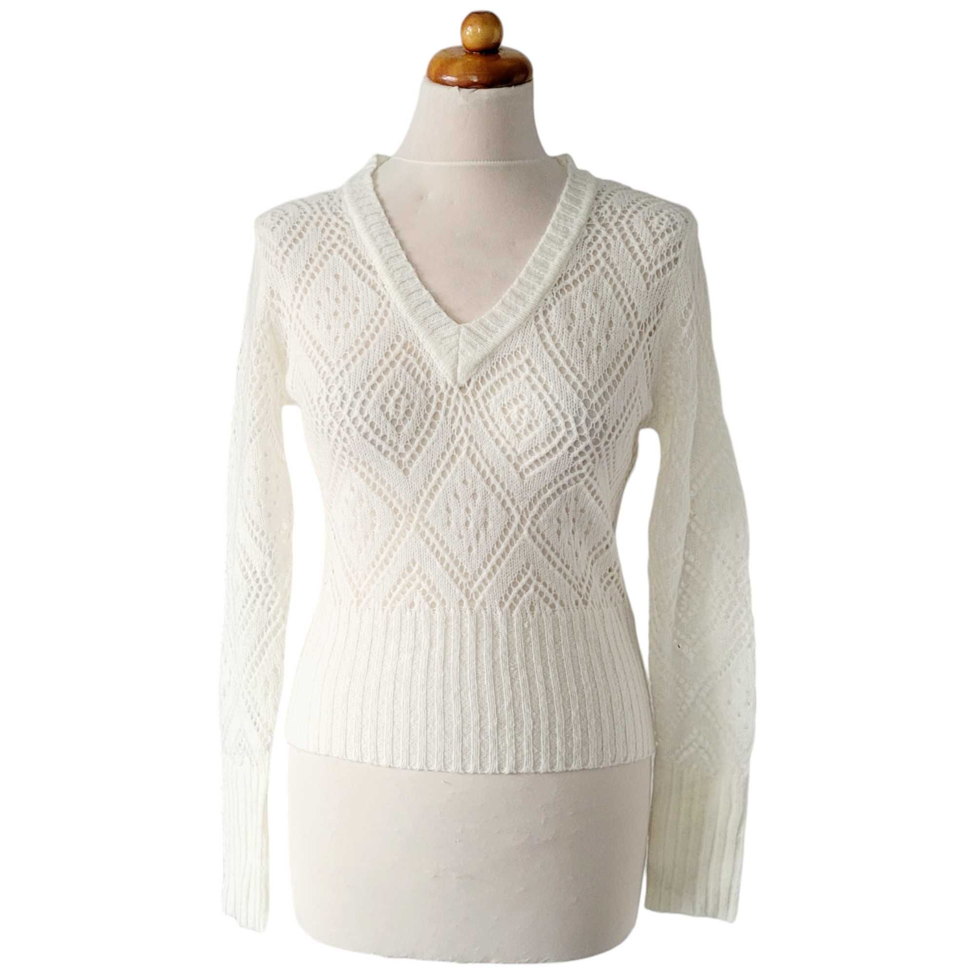 Kremowy ażurowy sweter damski 55% kaszmir romby angelcore bluzka