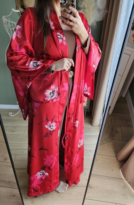 Zmysłowy Długi Satynowy Szlafrok damski Kimono Czerwony/Fuksja w Kwiat