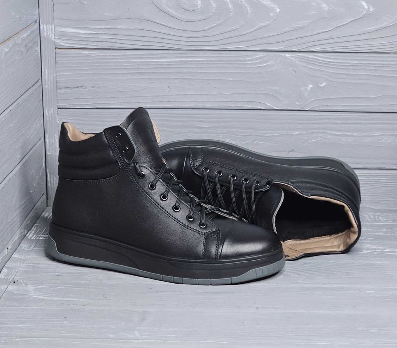 Кожаные мужские зимние черные кеды / ботинки на меху ТМ Level!!!