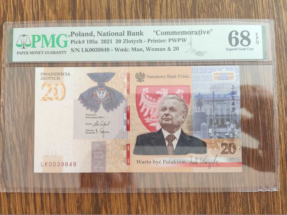 BANKNOT 20 ZŁ Lech Kaczyński być Polakiem 2021 Grading PMG68