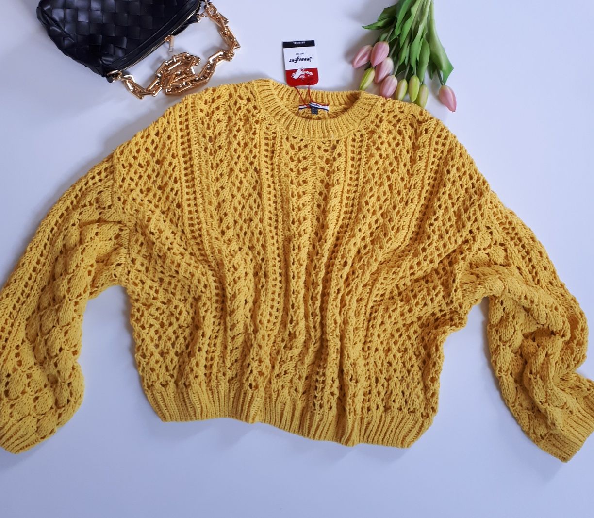 Sweter damski ażurowy żółty oversize L/XL/XXL